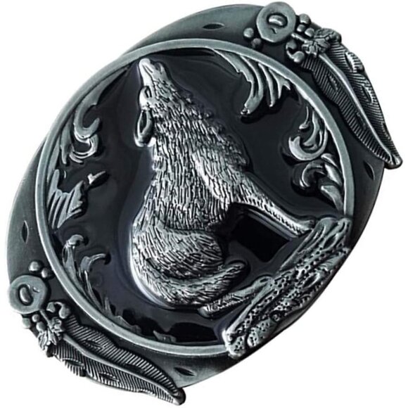 Men's Wolf Western Fashion Retro Black Enamel Grey Tone Zinc Alloy Belt Buckle - Picture 2 of 4